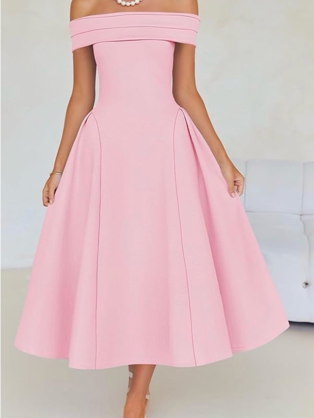 Off-Shoulder Pink Midi Dress - Picture 1 of 16